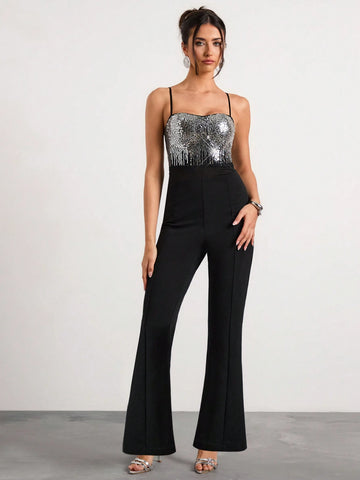 Glamine Women's Sequined Patchwork Waist-Baring Elegant Sexy Jumpsuit New Year's Party Glamine Women's Sequined Patchwork Waist-Baring Elegant Sexy Jumpsuit New Year's Party
