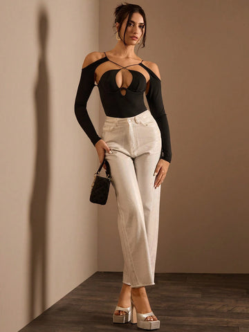 Glamine Women's Solid Color Hollow Out Long Sleeve Bodysuit, Casual For Everyday Wear Glamine Women's Solid Color Hollow Out Long Sleeve Bodysuit, Casual For Everyday Wear