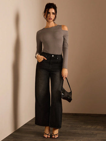 Glamine Women's Solid Color Open Shoulder Long Sleeve Bodysuit, Casual & Fashionable For Everyday Wear Glamine Women's Solid Color Open Shoulder Long Sleeve Bodysuit, Casual & Fashionable For Everyday Wear