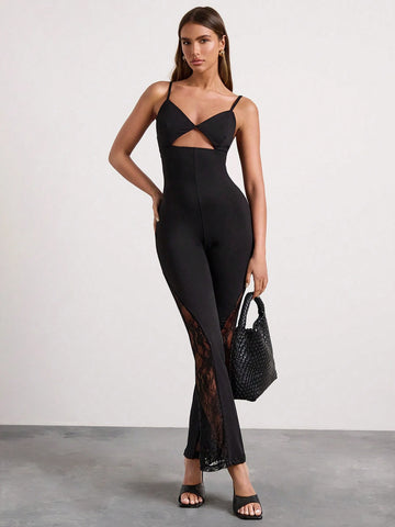 Glamine Women's Stiletto Strap Sexy Party Halter Solid Lace Paneled Sleeveless Flared Jumpsuit, Thanksgiving Women's Apparel Glamine Women's Stiletto Strap Sexy Party Halter Solid Lace Paneled Sleeveless Flared Jumpsuit, Thanksgiving Women's Apparel