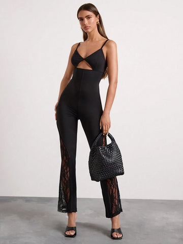 Glamine Women's Stiletto Strap Sexy Party Halter Solid Lace Paneled Sleeveless Flared Jumpsuit, Thanksgiving Women's Apparel Glamine Women's Stiletto Strap Sexy Party Halter Solid Lace Paneled Sleeveless Flared Jumpsuit, Thanksgiving Women's Apparel
