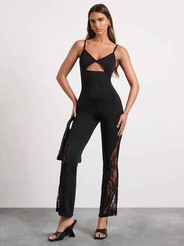 Glamine Women's Stiletto Strap Sexy Party Halter Solid Lace Paneled Sleeveless Flared Jumpsuit, Thanksgiving Women's Apparel Glamine Women's Stiletto Strap Sexy Party Halter Solid Lace Paneled Sleeveless Flared Jumpsuit, Thanksgiving Women's Apparel