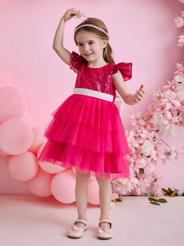 Kids 4-Season Girls' Banquet Party Princess Dress, Fuchsia Sequined Mesh Tulle Dress, Lovely Performance Costume Kids 4-Season Girls' Banquet Party Princess Dress, Fuchsia Sequined Mesh Tulle Dress, Lovely Performance Costume