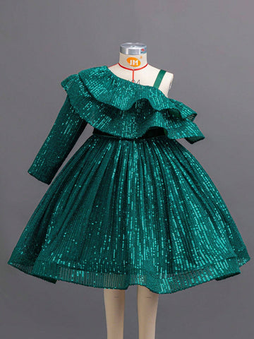 Kids Christmas Holiday 4-Season Little Girls Sequin Oblique Shoulder Long Sleeve Party Dress For Special Events, Green Princess Gown Kids Christmas Holiday 4-Season Little Girls Sequin Oblique Shoulder Long Sleeve Party Dress For Special Events, Green Princess Gown
