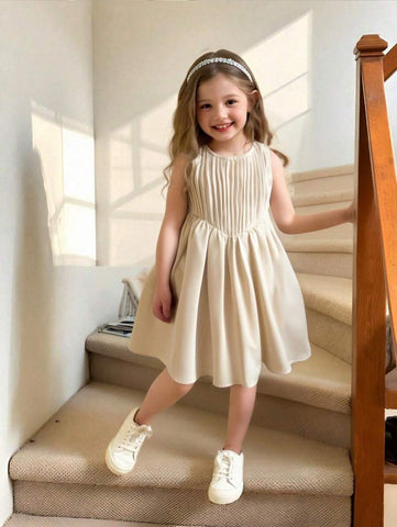 Kids Girls' Minimalist Casual Fashion Versatile Pleated Sleeveless Dress Kids Girls' Minimalist Casual Fashion Versatile Pleated Sleeveless Dress