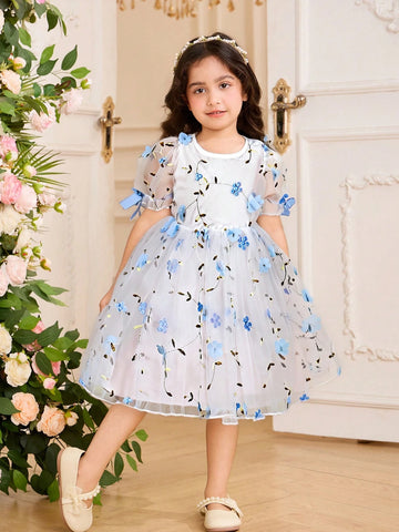 Young Girl' Fashion Elegant Floral Embroidery Cute Bow Decor Ruffle Mesh Short Sleeve Summer Dress Young Girl' Fashion Elegant Floral Embroidery Cute Bow Decor Ruffle Mesh Short Sleeve Summer Dress