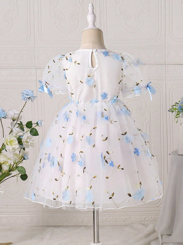 Young Girl' Fashion Elegant Floral Embroidery Cute Bow Decor Ruffle Mesh Short Sleeve Summer Dress Young Girl' Fashion Elegant Floral Embroidery Cute Bow Decor Ruffle Mesh Short Sleeve Summer Dress