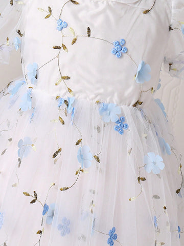 Young Girl' Fashion Elegant Floral Embroidery Cute Bow Decor Ruffle Mesh Short Sleeve Summer Dress Young Girl' Fashion Elegant Floral Embroidery Cute Bow Decor Ruffle Mesh Short Sleeve Summer Dress