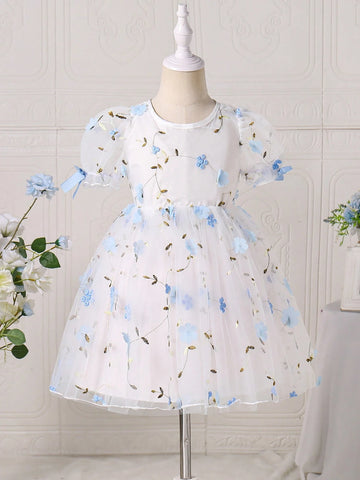 Young Girl' Fashion Elegant Floral Embroidery Cute Bow Decor Ruffle Mesh Short Sleeve Summer Dress Young Girl' Fashion Elegant Floral Embroidery Cute Bow Decor Ruffle Mesh Short Sleeve Summer Dress