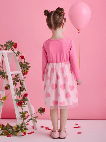 Young Girl Heart Print Tulle Dress, Suitable For Casual Outing, Holiday, Vacation. Spring/Autumn Young Girl Heart Print Tulle Dress, Suitable For Casual Outing, Holiday, Vacation. Spring/Autumn