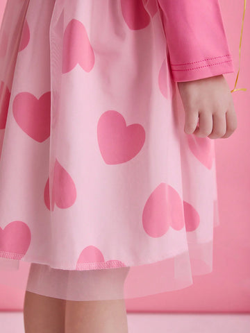Young Girl Heart Print Tulle Dress, Suitable For Casual Outing, Holiday, Vacation. Spring/Autumn Young Girl Heart Print Tulle Dress, Suitable For Casual Outing, Holiday, Vacation. Spring/Autumn