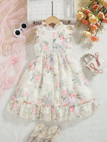 Young Girl' Rose Ditsy Floral Sleeveless Puff Dress, High Quality Princess Style Summer Swing Dress Young Girl' Rose Ditsy Floral Sleeveless Puff Dress, High Quality Princess Style Summer Swing Dress