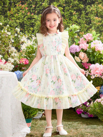 Young Girl' Rose Ditsy Floral Sleeveless Puff Dress, High Quality Princess Style Summer Swing Dress Young Girl' Rose Ditsy Floral Sleeveless Puff Dress, High Quality Princess Style Summer Swing Dress