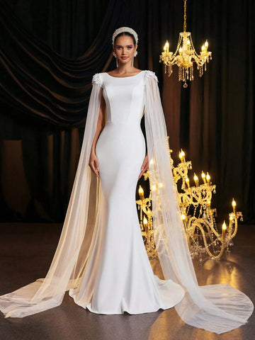 Glamrae Elegant And Romantic Lace Flower See-Through Floating Sleeves Round Neck Three-Dimensional Embroidery Slim High Waist Luxury Satin Fishtail Skirt With Train Suitable For Wedding Festivals, Women's Formal Wedding Dress Glamrae Elegant And Romantic Lace Flower See-Through Floating Sleeves Round Neck Three-Dimensional Embroidery Slim High Waist Luxury Satin Fishtail Skirt With Train Suitable For Wedding Festivals, Women's Formal Wedding Dress