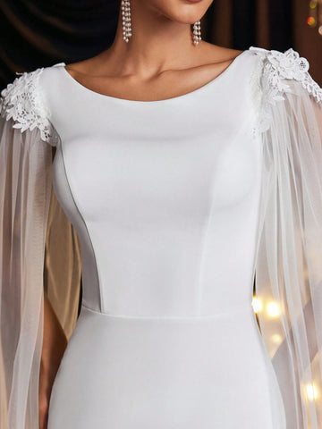 Glamrae Elegant And Romantic Lace Flower See-Through Floating Sleeves Round Neck Three-Dimensional Embroidery Slim High Waist Luxury Satin Fishtail Skirt With Train Suitable For Wedding Festivals, Women's Formal Wedding Dress Glamrae Elegant And Romantic Lace Flower See-Through Floating Sleeves Round Neck Three-Dimensional Embroidery Slim High Waist Luxury Satin Fishtail Skirt With Train Suitable For Wedding Festivals, Women's Formal Wedding Dress