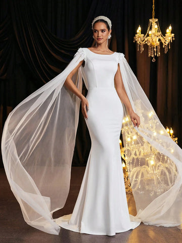 Glamrae Elegant And Romantic Lace Flower See-Through Floating Sleeves Round Neck Three-Dimensional Embroidery Slim High Waist Luxury Satin Fishtail Skirt With Train Suitable For Wedding Festivals, Women's Formal Wedding Dress Glamrae Elegant And Romantic Lace Flower See-Through Floating Sleeves Round Neck Three-Dimensional Embroidery Slim High Waist Luxury Satin Fishtail Skirt With Train Suitable For Wedding Festivals, Women's Formal Wedding Dress