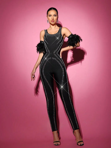 Glamrae Elegant Black Luxury Handmade Pattern Hot Diamond Suspender Jumpsuit Turkey Feather Short Sleeve Removable Bandage Body Shaper Women Formal Dinner Dress Glamrae Elegant Black Luxury Handmade Pattern Hot Diamond Suspender Jumpsuit Turkey Feather Short Sleeve Removable Bandage Body Shaper Women Formal Dinner Dress