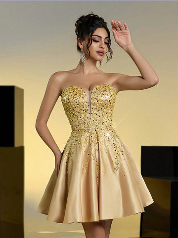 Glamrae Elegant Champagne Glossy Satin Tube Top, Gorgeous Three-Dimensional Sequins, Positioning Appliqués, A-Line Skirt, Adjustable Straps At The Back, Bachelor Party Date Prom Dress Glamrae Elegant Champagne Glossy Satin Tube Top, Gorgeous Three-Dimensional Sequins, Positioning Appliqués, A-Line Skirt, Adjustable Straps At The Back, Bachelor Party Date Prom Dress