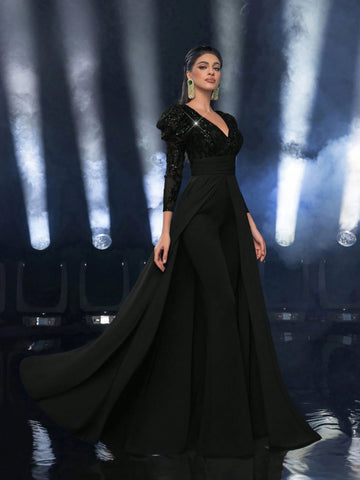 Glamrae Elegant Dark Green Sequin Patchwork Wide Shoulder Deep V Neckline Puff Sleeve High Waist Slimming Fit Flowy Knit Jumpsuit For Date, Party, Wedding Glamrae Elegant Dark Green Sequin Patchwork Wide Shoulder Deep V Neckline Puff Sleeve High Waist Slimming Fit Flowy Knit Jumpsuit For Date, Party, Wedding