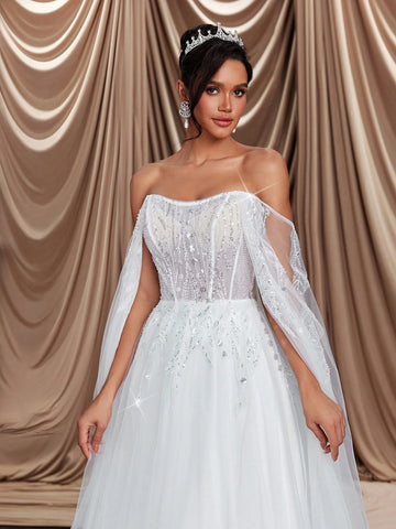 Glamrae Elegant, Gorgeous And Luxurious Beige One-Shoulder Off-Shoulder Ruffled Puff Sleeves Lace Beads Flower Pattern Splicing Tulle Oversized Hem And Tail Suitable For Wedding Events, Parties, Birthdays, Vacations, Proms, Honeymoon Wedding Dresses Glamrae Elegant, Gorgeous And Luxurious Beige One-Shoulder Off-Shoulder Ruffled Puff Sleeves Lace Beads Flower Pattern Splicing Tulle Oversized Hem And Tail Suitable For Wedding Events, Parties, Birthdays, Vacations, Proms, Honeymoon Wedding Dresses