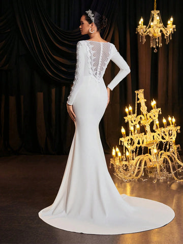 Glamrae Elegant Lace Embroidery V-Neck Backless Long Sleeve Mermaid Dress With Detachable Train, Suitable For Weddings, Parties, Events Glamrae Elegant Lace Embroidery V-Neck Backless Long Sleeve Mermaid Dress With Detachable Train, Suitable For Weddings, Parties, Events