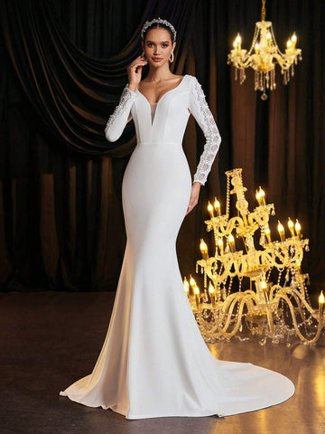 Glamrae Elegant Lace Embroidery V-Neck Backless Long Sleeve Mermaid Dress With Detachable Train, Suitable For Weddings, Parties, Events Glamrae Elegant Lace Embroidery V-Neck Backless Long Sleeve Mermaid Dress With Detachable Train, Suitable For Weddings, Parties, Events