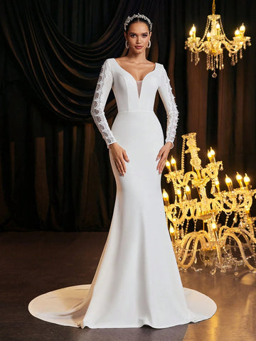 Glamrae Elegant Lace Embroidery V-Neck Backless Long Sleeve Mermaid Dress With Detachable Train, Suitable For Weddings, Parties, Events Glamrae Elegant Lace Embroidery V-Neck Backless Long Sleeve Mermaid Dress With Detachable Train, Suitable For Weddings, Parties, Events