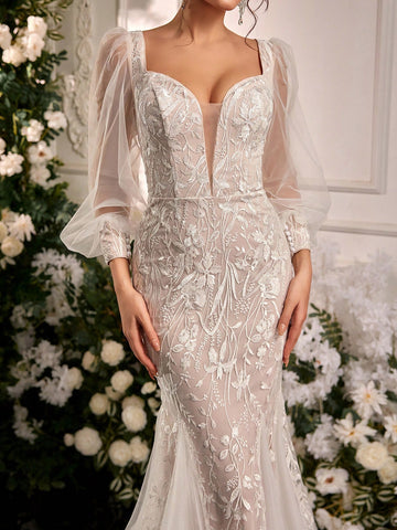 Glamrae Elegant Luxury Embroidered Sequin Lace Sheer Long Sleeve Mesh Insert Mermaid Maxi Dress, Suitable For Wedding, Engagement Party, Bachelorette Party, Vacation, Prom Glamrae Elegant Luxury Embroidered Sequin Lace Sheer Long Sleeve Mesh Insert Mermaid Maxi Dress, Suitable For Wedding, Engagement Party, Bachelorette Party, Vacation, Prom