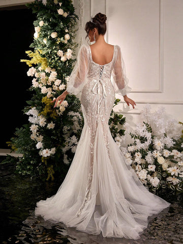 Glamrae Elegant Luxury Embroidered Sequin Lace Sheer Long Sleeve Mesh Insert Mermaid Maxi Dress, Suitable For Wedding, Engagement Party, Bachelorette Party, Vacation, Prom Glamrae Elegant Luxury Embroidered Sequin Lace Sheer Long Sleeve Mesh Insert Mermaid Maxi Dress, Suitable For Wedding, Engagement Party, Bachelorette Party, Vacation, Prom