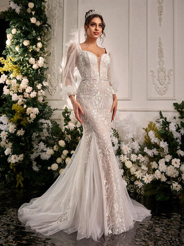 Glamrae Elegant Luxury Embroidered Sequin Lace Sheer Long Sleeve Mesh Insert Mermaid Maxi Dress, Suitable For Wedding, Engagement Party, Bachelorette Party, Vacation, Prom Glamrae Elegant Luxury Embroidered Sequin Lace Sheer Long Sleeve Mesh Insert Mermaid Maxi Dress, Suitable For Wedding, Engagement Party, Bachelorette Party, Vacation, Prom