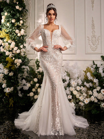 Glamrae Elegant Luxury Embroidered Sequin Lace Sheer Long Sleeve Mesh Insert Mermaid Maxi Dress, Suitable For Wedding, Engagement Party, Bachelorette Party, Vacation, Prom Glamrae Elegant Luxury Embroidered Sequin Lace Sheer Long Sleeve Mesh Insert Mermaid Maxi Dress, Suitable For Wedding, Engagement Party, Bachelorette Party, Vacation, Prom