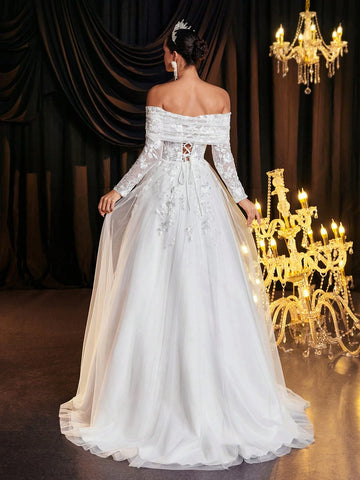 Glamrae Elegant Luxury Off-Shoulder Sheer Long Sleeve Embroidered Lace Applique Mesh Ruffle Dress With Train, Suitable For Wedding, Party, Vacation, Prom, Banquet (Embroidered) Glamrae Elegant Luxury Off-Shoulder Sheer Long Sleeve Embroidered Lace Applique Mesh Ruffle Dress With Train, Suitable For Wedding, Party, Vacation, Prom, Banquet (Embroidered)
