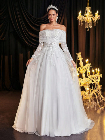 Glamrae Elegant Luxury Off-Shoulder Sheer Long Sleeve Embroidered Lace Applique Mesh Ruffle Dress With Train, Suitable For Wedding, Party, Vacation, Prom, Banquet (Embroidered) Glamrae Elegant Luxury Off-Shoulder Sheer Long Sleeve Embroidered Lace Applique Mesh Ruffle Dress With Train, Suitable For Wedding, Party, Vacation, Prom, Banquet (Embroidered)