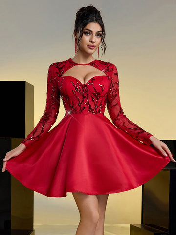 Glamrae Elegant Red Luxurious Sequin Patchwork Satin Long Sleeve Hollow-Out Waist Net Yarn See-Through A-Line Formal Dress Glamrae Elegant Red Luxurious Sequin Patchwork Satin Long Sleeve Hollow-Out Waist Net Yarn See-Through A-Line Formal Dress