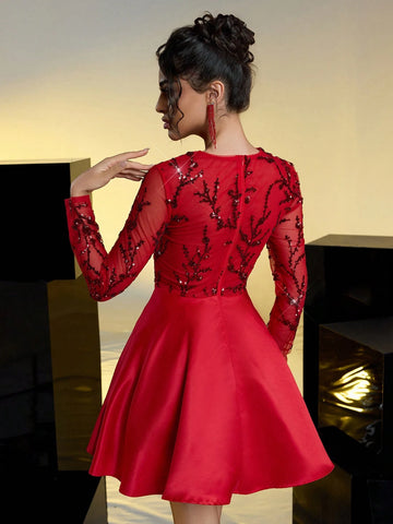 Glamrae Elegant Red Luxurious Sequin Patchwork Satin Long Sleeve Hollow-Out Waist Net Yarn See-Through A-Line Formal Dress Glamrae Elegant Red Luxurious Sequin Patchwork Satin Long Sleeve Hollow-Out Waist Net Yarn See-Through A-Line Formal Dress