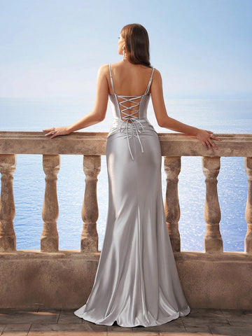 Gorgeous Spaghetti Strap Glossy Satin Sequin Split Thigh Formal Mermaid Bridesmaid Dress Gorgeous Spaghetti Strap Glossy Satin Sequin Split Thigh Formal Mermaid Bridesmaid Dress