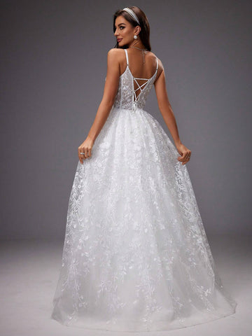 Gorgeous Wedding Dress With Sequin 3d Flower Embroidery And Mesh Spaghetti Straps Gorgeous Wedding Dress With Sequin 3d Flower Embroidery And Mesh Spaghetti Straps