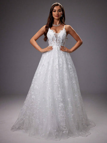 Gorgeous Wedding Dress With Sequin 3d Flower Embroidery And Mesh Spaghetti Straps Gorgeous Wedding Dress With Sequin 3d Flower Embroidery And Mesh Spaghetti Straps