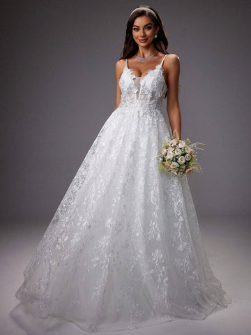 Gorgeous Wedding Dress With Sequin 3d Flower Embroidery And Mesh Spaghetti Straps Gorgeous Wedding Dress With Sequin 3d Flower Embroidery And Mesh Spaghetti Straps