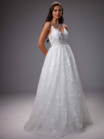 Gorgeous Wedding Dress With Sequin 3d Flower Embroidery And Mesh Spaghetti Straps Gorgeous Wedding Dress With Sequin 3d Flower Embroidery And Mesh Spaghetti Straps