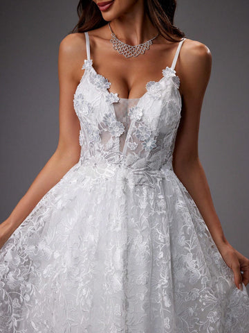 Gorgeous Wedding Dress With Sequin 3d Flower Embroidery And Mesh Spaghetti Straps Gorgeous Wedding Dress With Sequin 3d Flower Embroidery And Mesh Spaghetti Straps