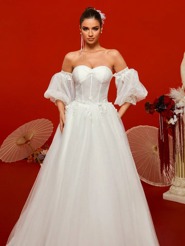 Graceful Elegant Women Off Shoulder Baroque Lantern Sleeve Corset Maxi Wedding Dresses For Brides Graceful Elegant Women Off Shoulder Baroque Lantern Sleeve Corset Maxi Wedding Dresses For Brides