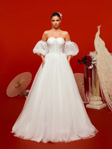 Graceful Elegant Women Off Shoulder Baroque Lantern Sleeve Corset Maxi Wedding Dresses For Brides Graceful Elegant Women Off Shoulder Baroque Lantern Sleeve Corset Maxi Wedding Dresses For Brides