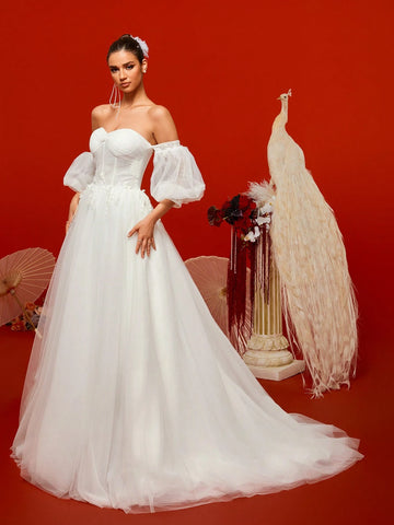 Graceful Elegant Women Off Shoulder Baroque Lantern Sleeve Corset Maxi Wedding Dresses For Brides Graceful Elegant Women Off Shoulder Baroque Lantern Sleeve Corset Maxi Wedding Dresses For Brides