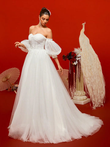Graceful Elegant Women Off Shoulder Baroque Lantern Sleeve Corset Maxi Wedding Dresses For Brides Graceful Elegant Women Off Shoulder Baroque Lantern Sleeve Corset Maxi Wedding Dresses For Brides