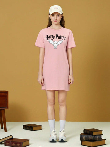 1pc Ravenclaw Owl Graphic Pink Drop Shoulder Tee Dress 1pc Ravenclaw Owl Graphic Pink Drop Shoulder Tee Dress