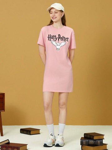 1pc Ravenclaw Owl Graphic Pink Drop Shoulder Tee Dress 1pc Ravenclaw Owl Graphic Pink Drop Shoulder Tee Dress