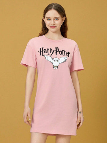 1pc Ravenclaw Owl Graphic Pink Drop Shoulder Tee Dress 1pc Ravenclaw Owl Graphic Pink Drop Shoulder Tee Dress