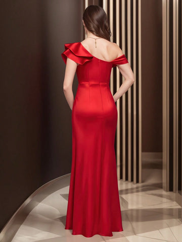 HOMEYEE Asymmetric High Slit Dress With Elegant Ruffle Hem, Suitable For Party, Banquet, Cocktail, Vacation HOMEYEE Asymmetric High Slit Dress With Elegant Ruffle Hem, Suitable For Party, Banquet, Cocktail, Vacation