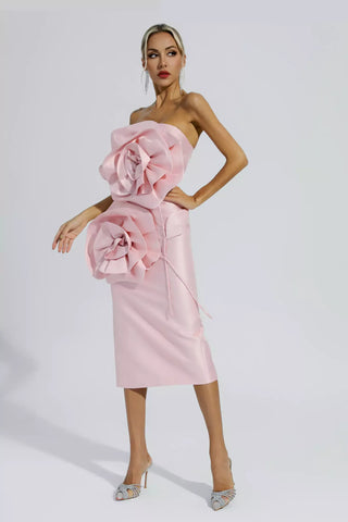 Haley Pink Floral Strapless Midi Evening Dress Haley Pink Floral Strapless Midi Evening Dress